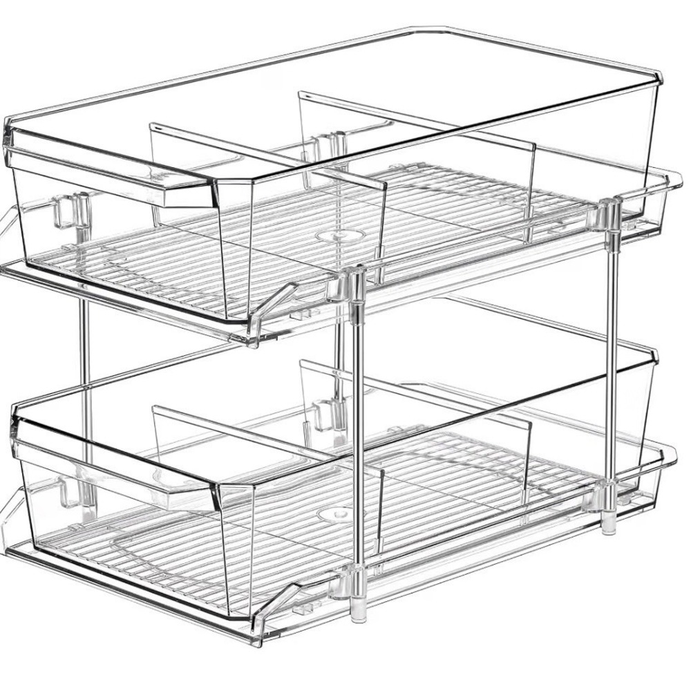 Clear 2-Tier Slide-Out Plastic Storage Organizer w/ Removable Dividers 12.5in